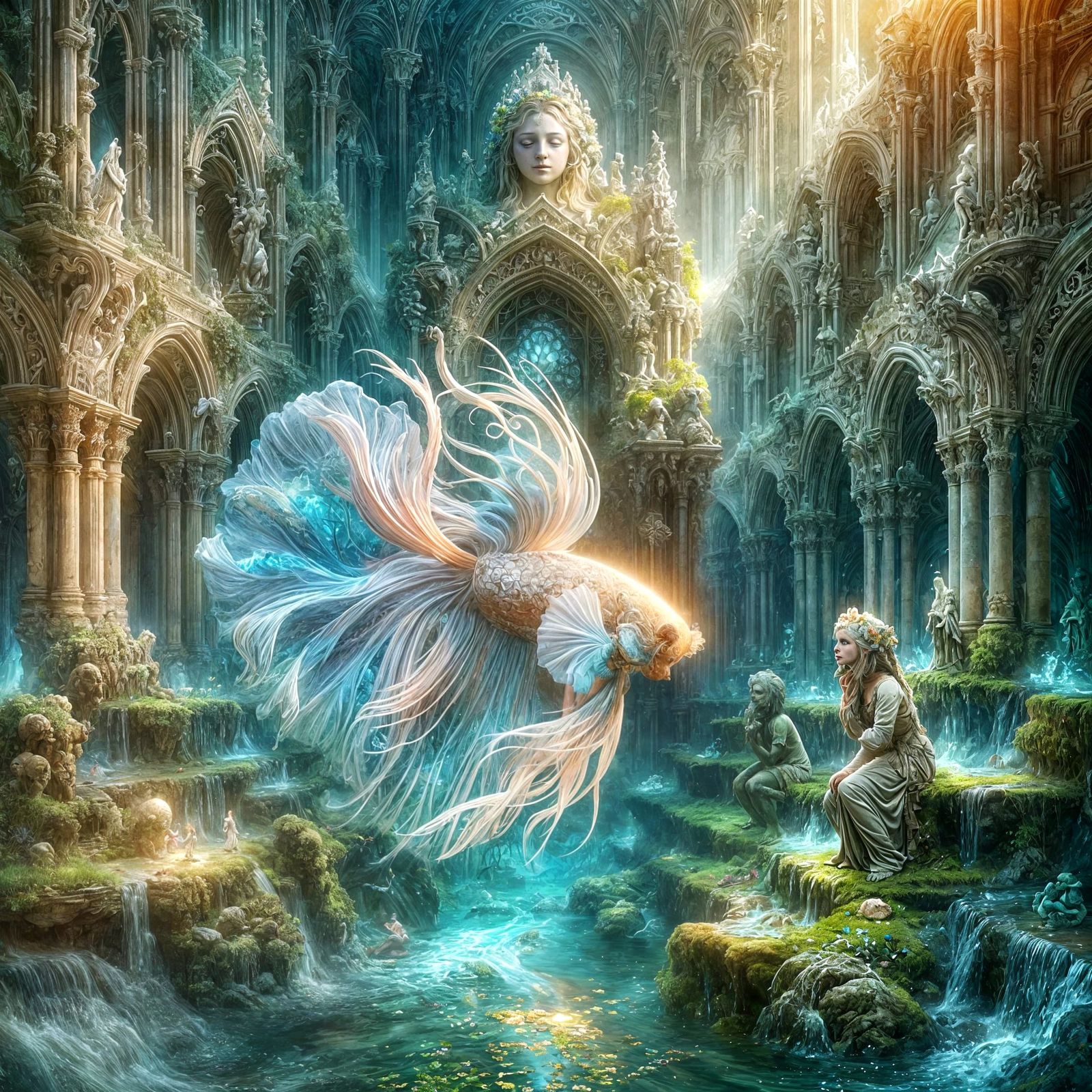 Bioluminescent Betta Fish in Art Nouveau Grotto