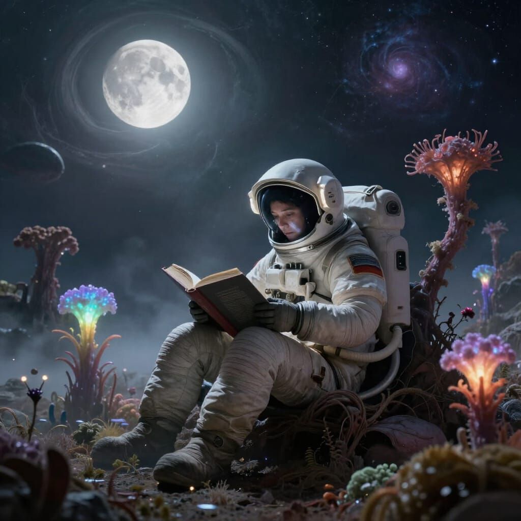 Astronaut Reading on Alien Planet in Cosmic Horror Style