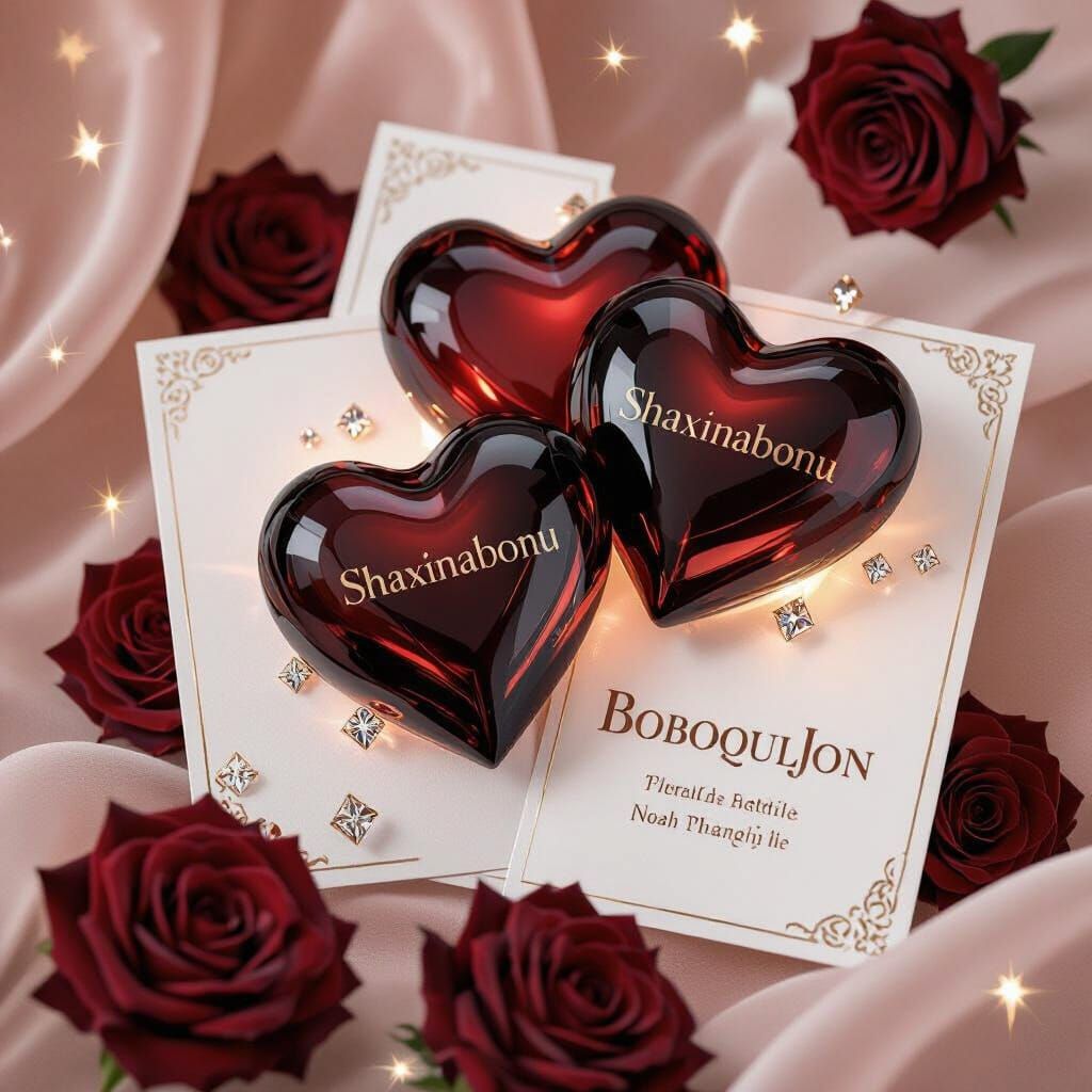 Luxurious Valentine Card: Crimson Glass Hearts with Rose Gol...