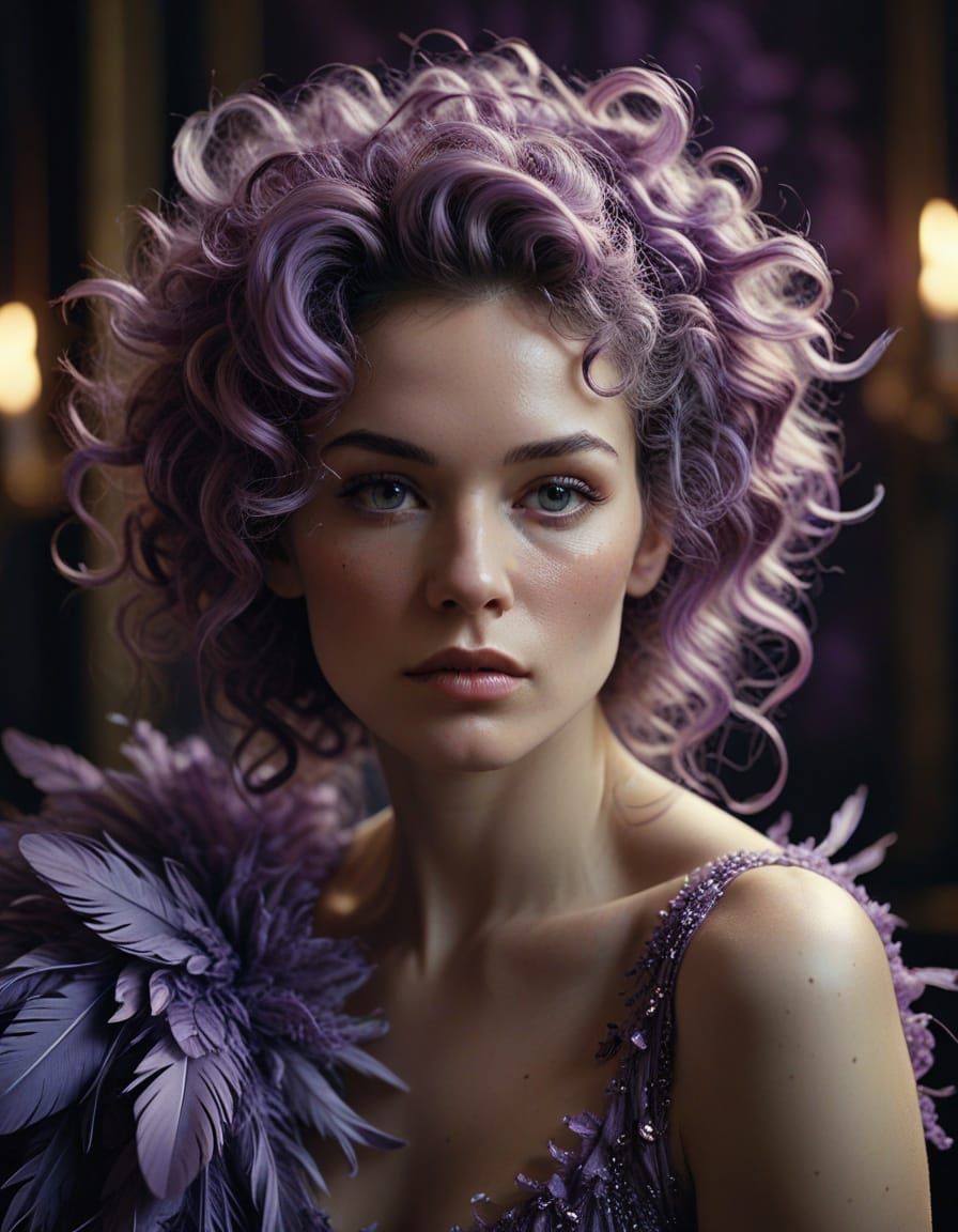 Enchanting Woman with Lavender Curls and Feathers Hairstyle