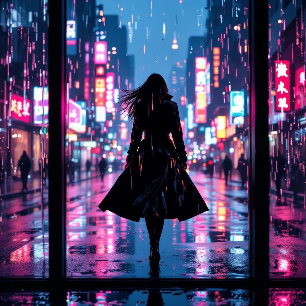 Neon Cityscape Dance at Twilight in Cyberpunk Style