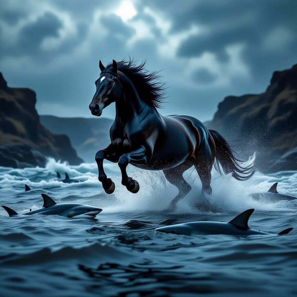 Powerful Black Stallion Leaps Over Shark-Infested River