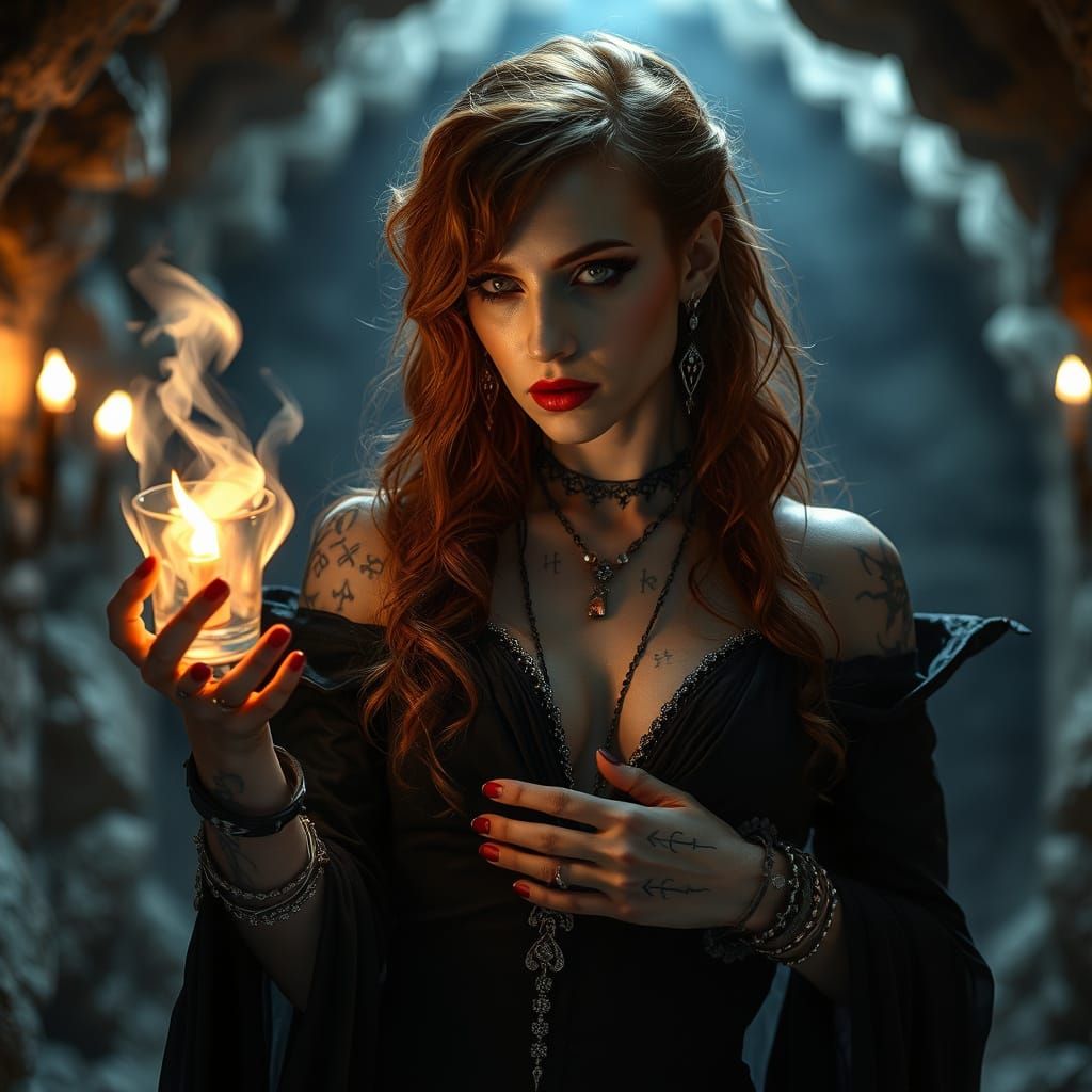 Millennial Vampire Witch in Dark Crypt, Fantasy Art