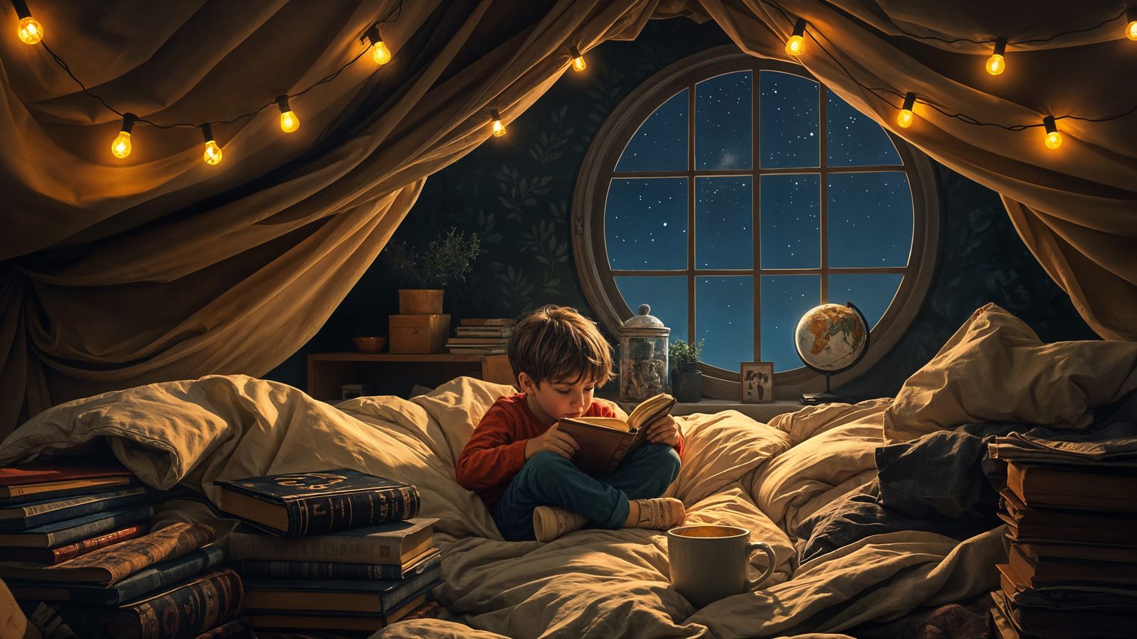 Cozy Boy Reading Book in Blanket Fort