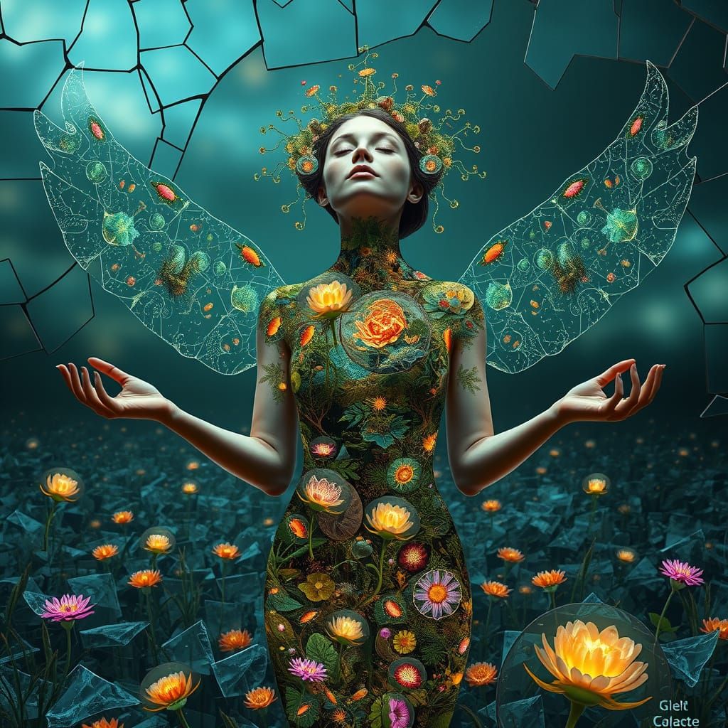 Surreal Bio-Art Collage of a Woman as Interconnected Ecosyst...