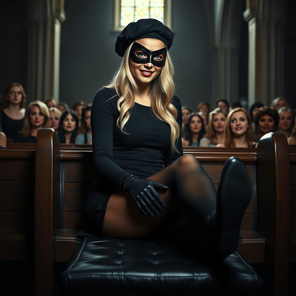 Mysterious Woman in Church Pew, Dramatic Chiaroscuro Style