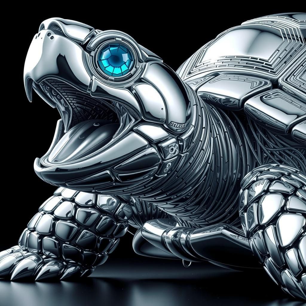 Chrome Turtle Sculpture with Blue Eye