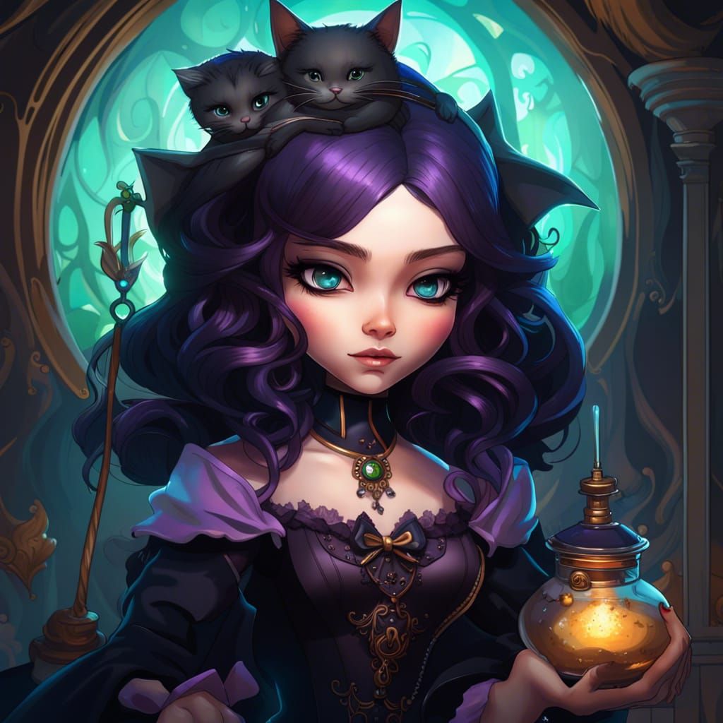 Gothic Victorian Witch with Cats in Anime Style