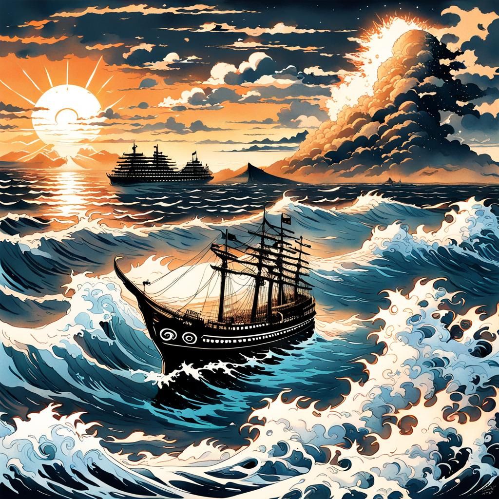 Imperial Ship Amidst Crashing Waves: Japanese Ink Painting