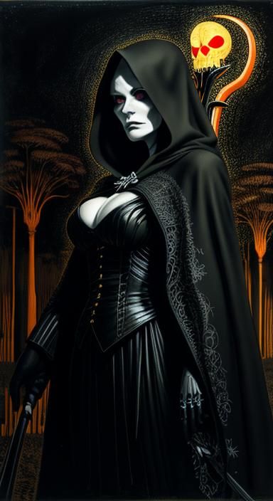 Grim Reaper Portrait in Bioluminescent Scratchboard Style