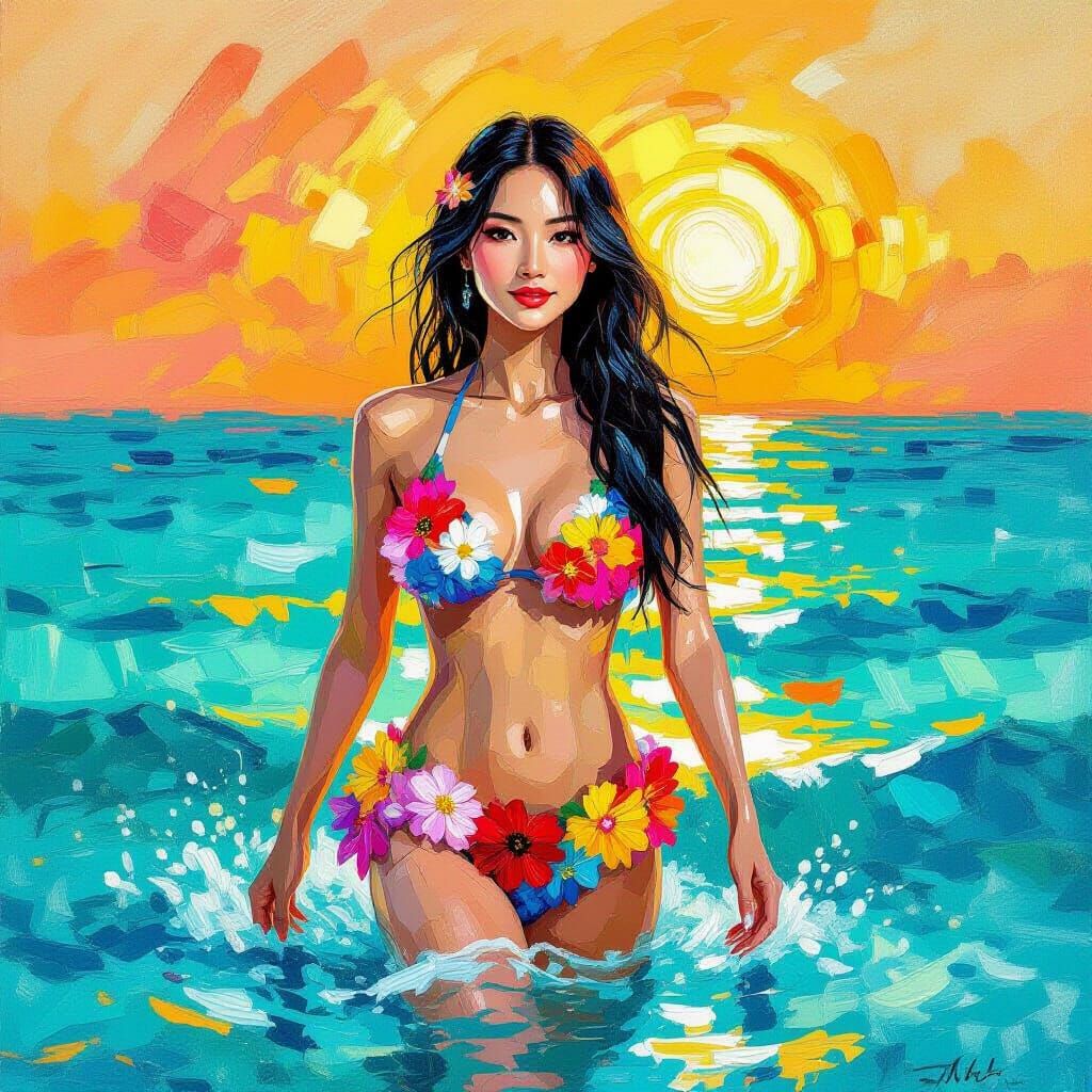 Asian Woman in Flower Bikini Emerges from Sea in Van Gogh St...