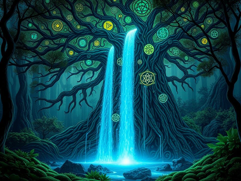 Bioluminescent Waterfall in Alien Forest, Digital Surrealism