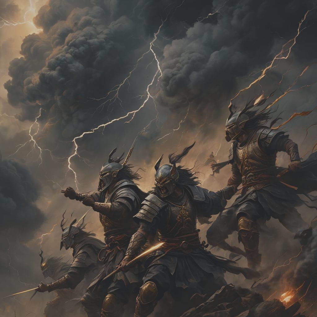 Epic Medieval Battle in Stormy Sky, Anime Style