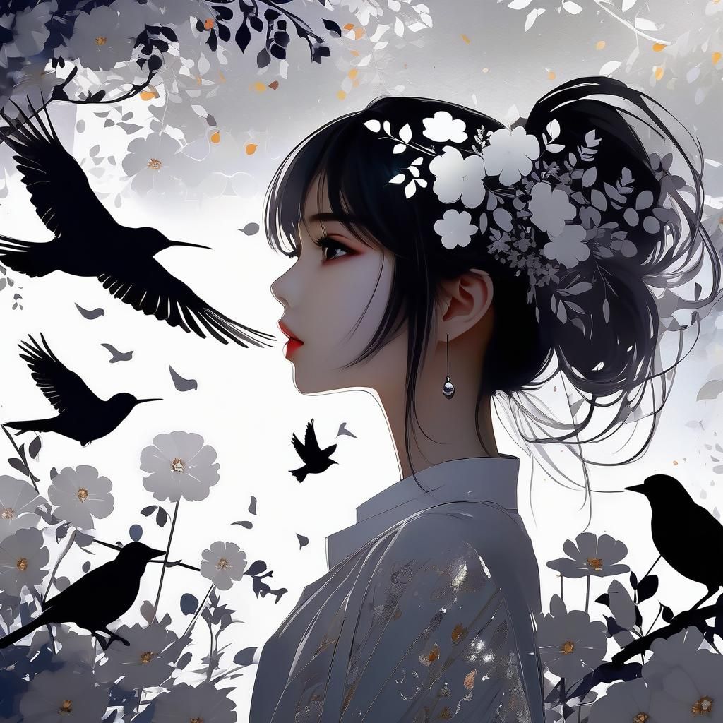 Anime Girl Silhouette with Silver Flowers Painting