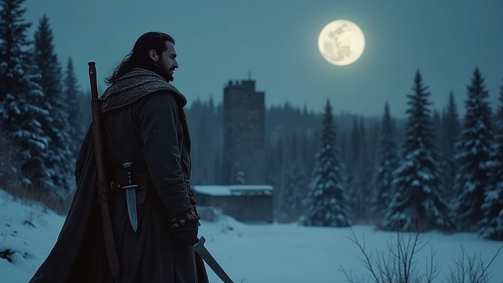 Medieval Hunter Contemplates Winter's Solace in Moonlit Fore...