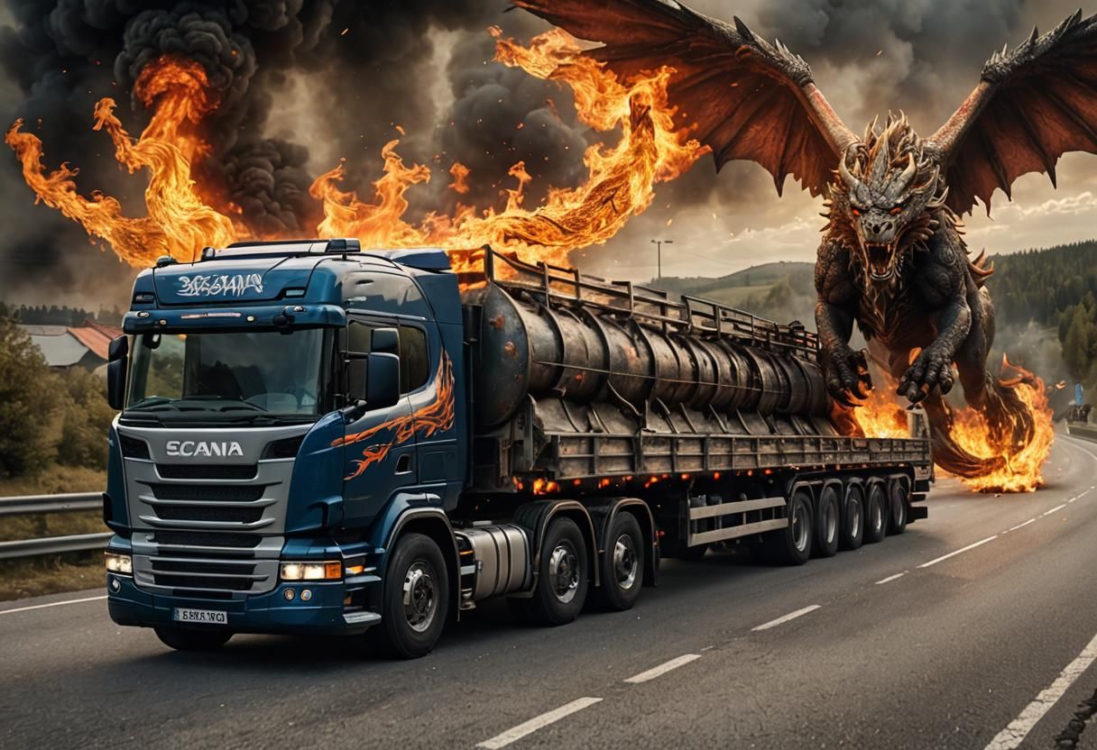 Scania Truck with Fiery Griffin in Background