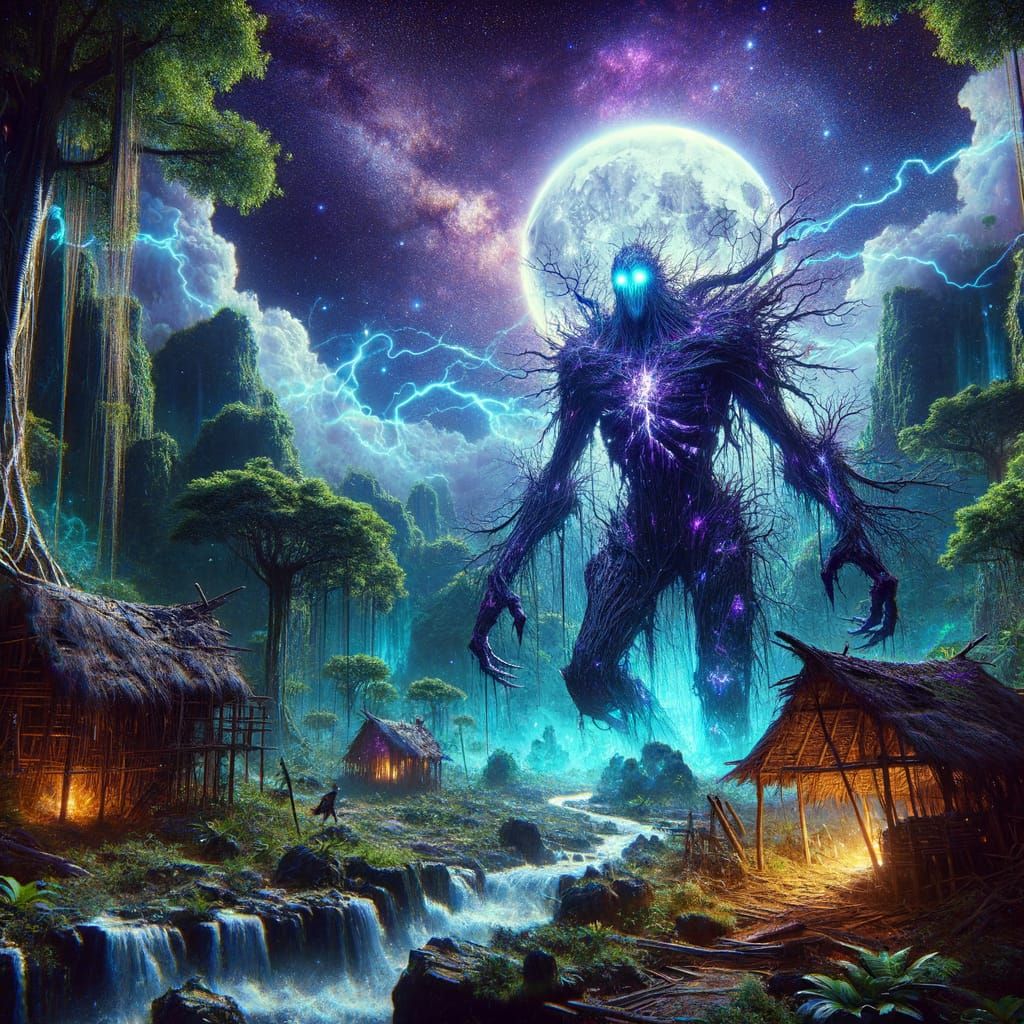 Surreal Dark Fantasy Creature Strides Through Tropical Jungl...