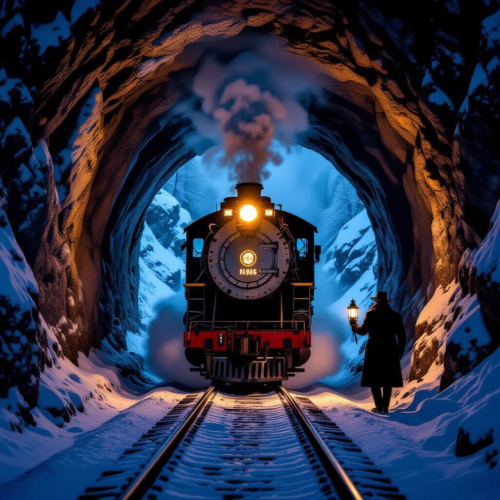 Vintage Steam Train Emerges From Snowy Mountain Tunnel