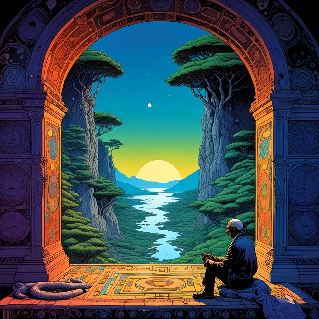 Ethereal Moebius Landscape in Vibrant Psychedelic Colors