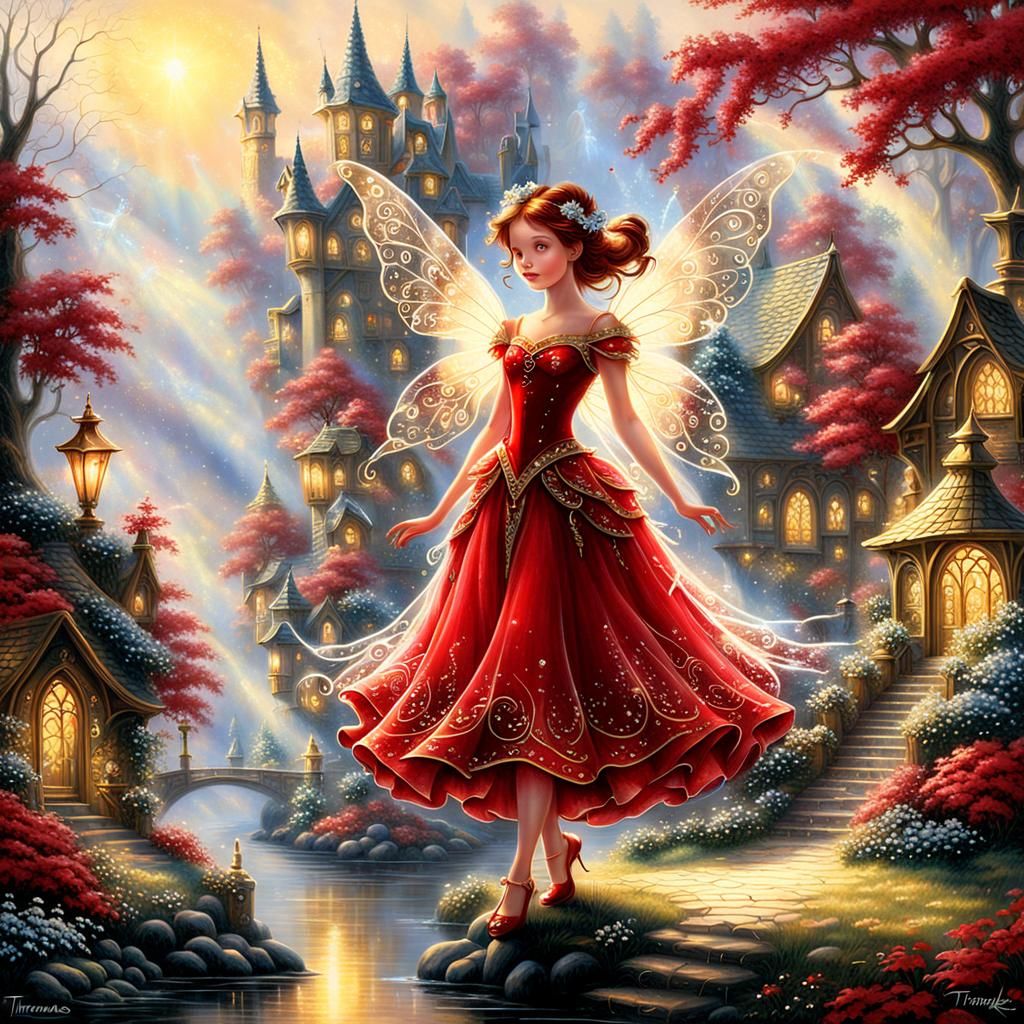 Red Fairy with Crystal Wings in Fairytale Setting