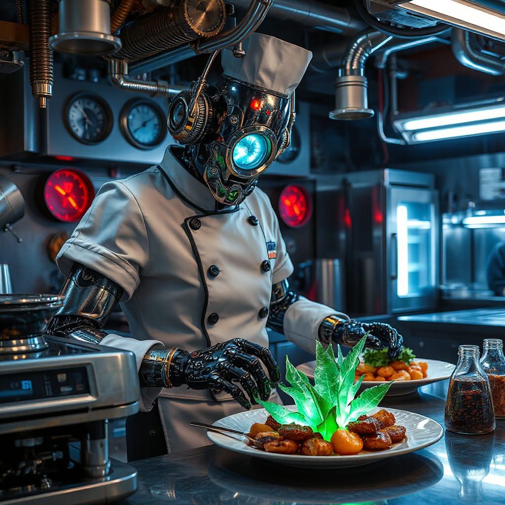 Steampunk Robot Chef Prepares Gourmet Meal