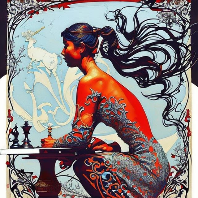 Surreal Chess Match: Horse Versus Queen, Gouache Illustratio...