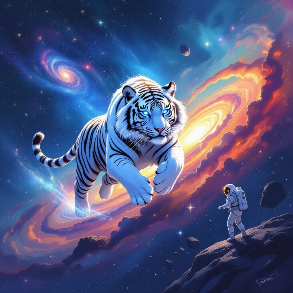 Celestial Tiger Leaps Through Nebula in Painterly Style