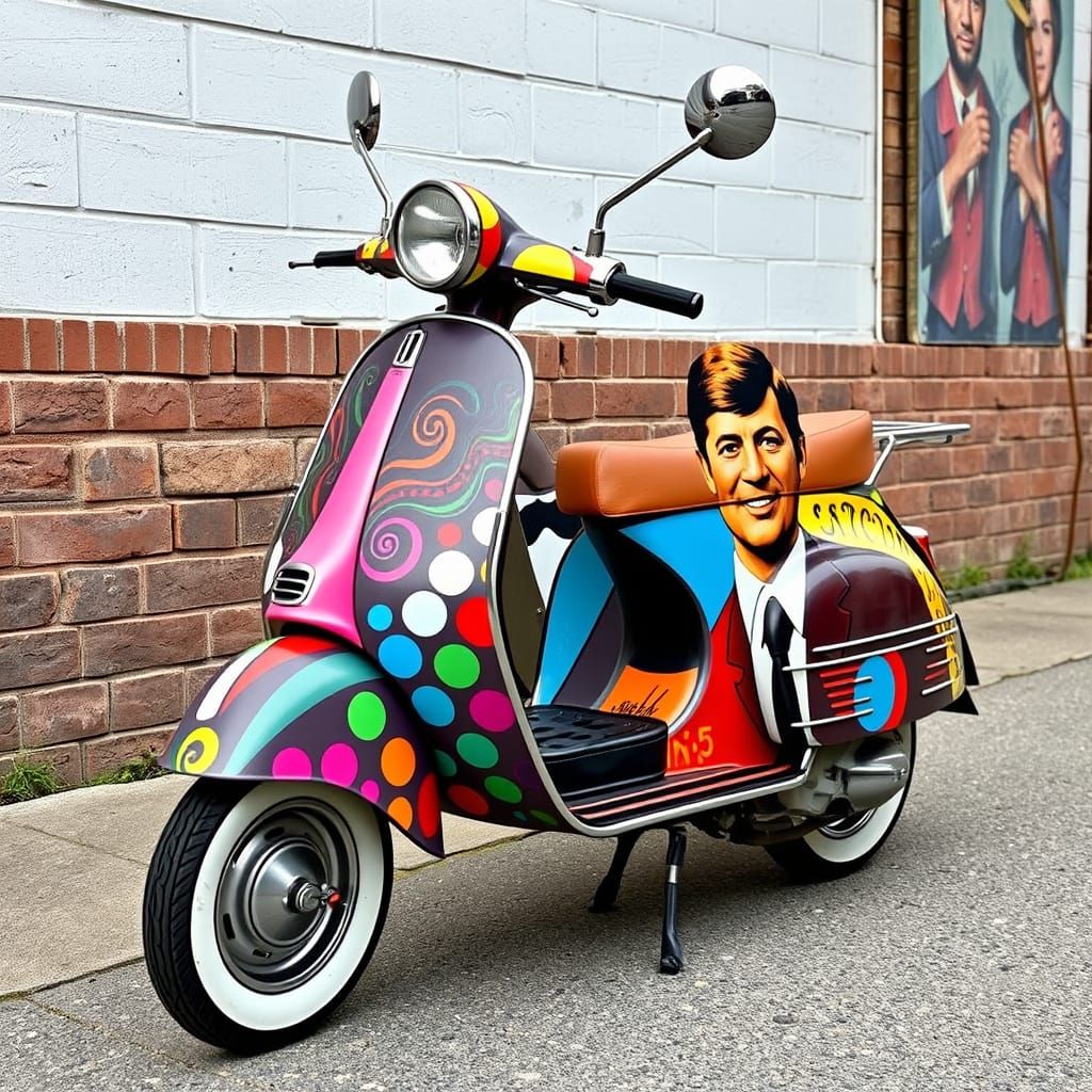 Mod scooter wrapped in "Abraham, Martin & John" artwork 