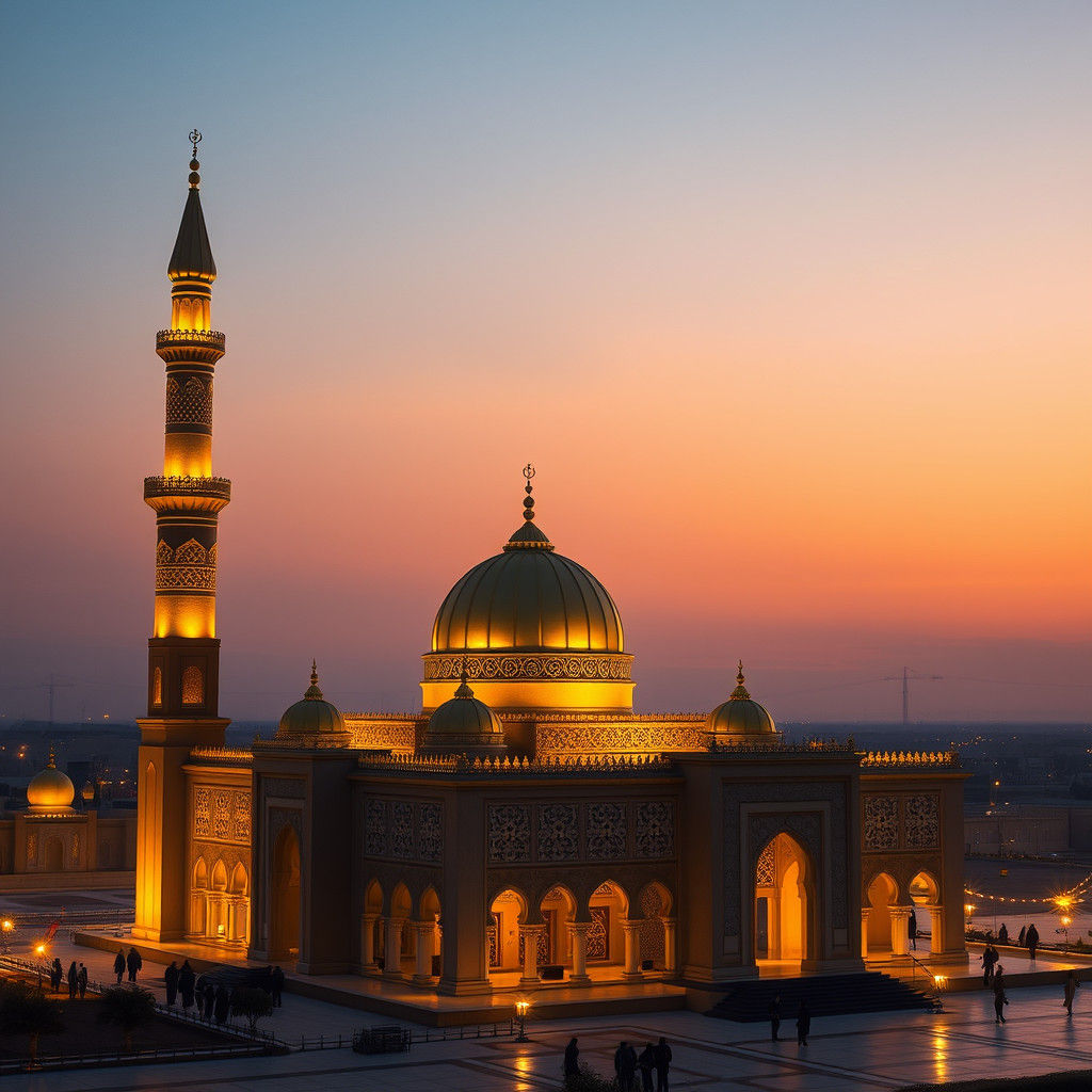 Karbala Mosque at Dusk: Hyperrealistic Golden Architecture