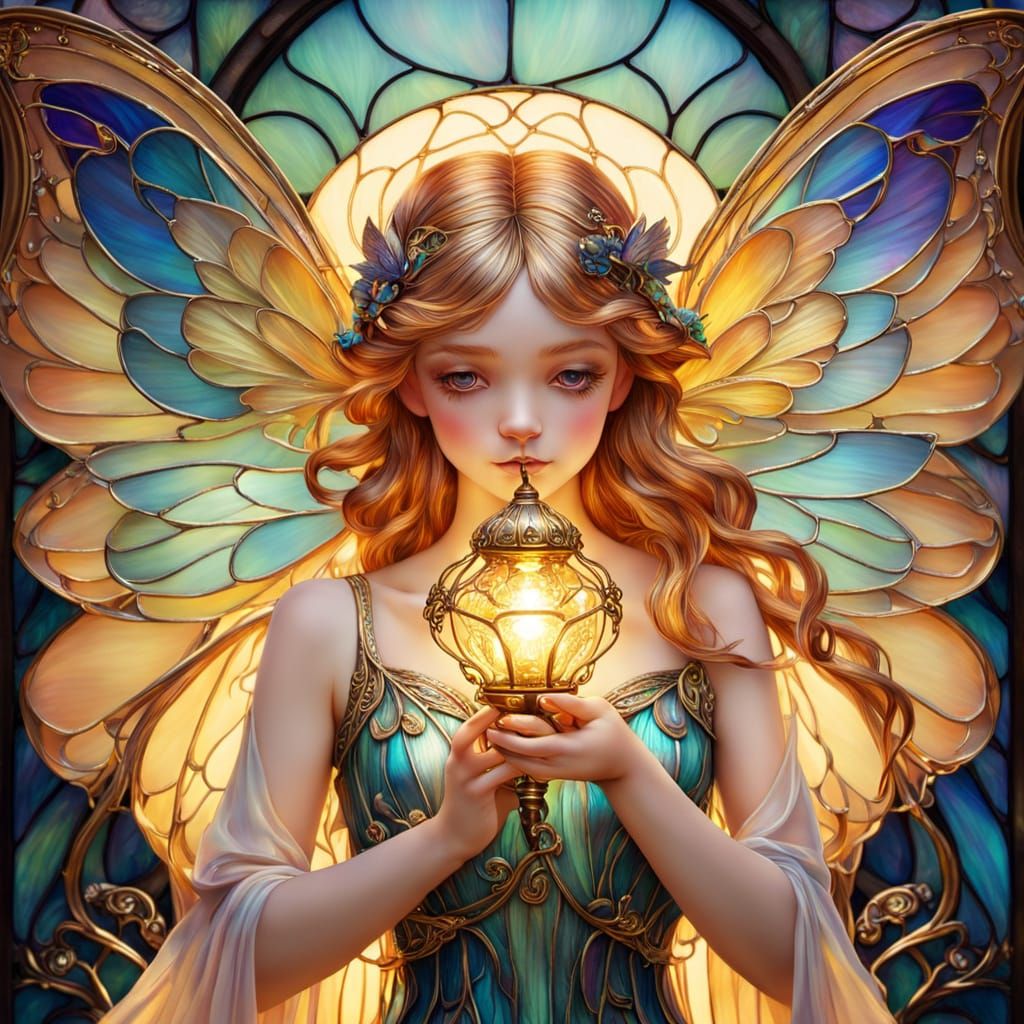 Art Nouveau Fairy with Stained Glass Lamp