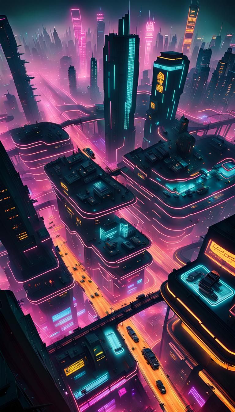 Cyberpunk Cityscape with Flying Vehicles at Night