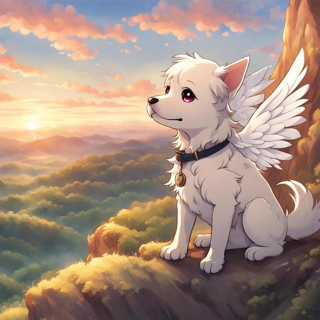Chibi Winged Dog Sunset Scene in Anime Style