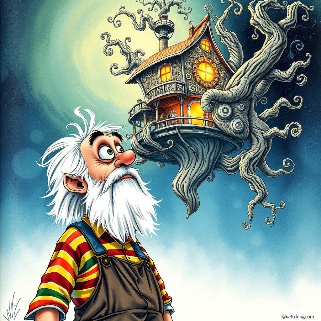 Bewildered Man and Fractal Treehouse, Whimsical Art