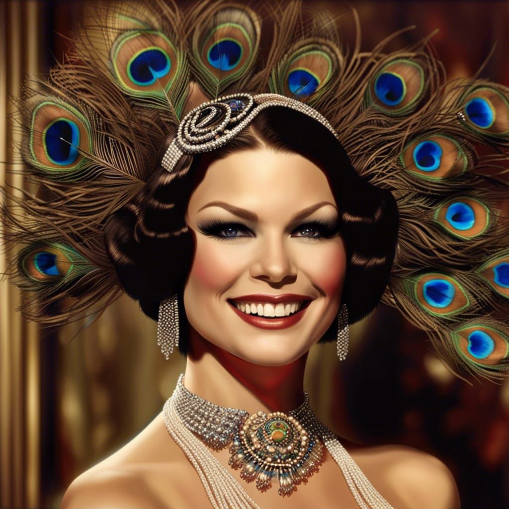 Peacock Feathered Burlesque Dancer in 1920s Style