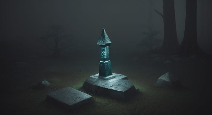 Mysterious Glowing Stone in Foggy Forest