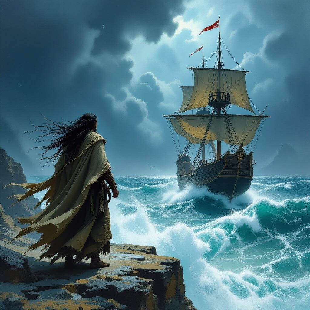 Shaman Overlooking Stormy Sea in Gritty Art Style