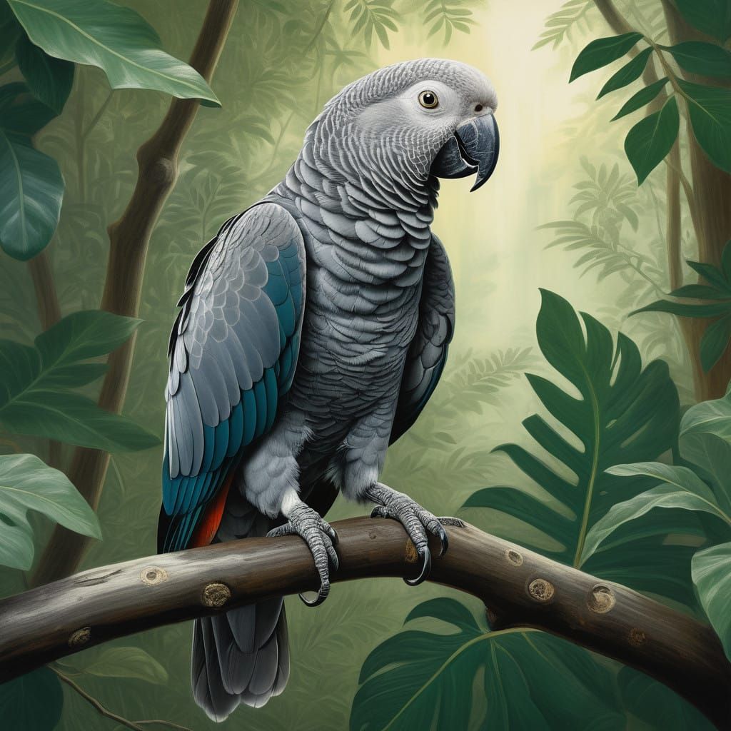 Majestic African Gray Parrot in Lush Jungle Canopy