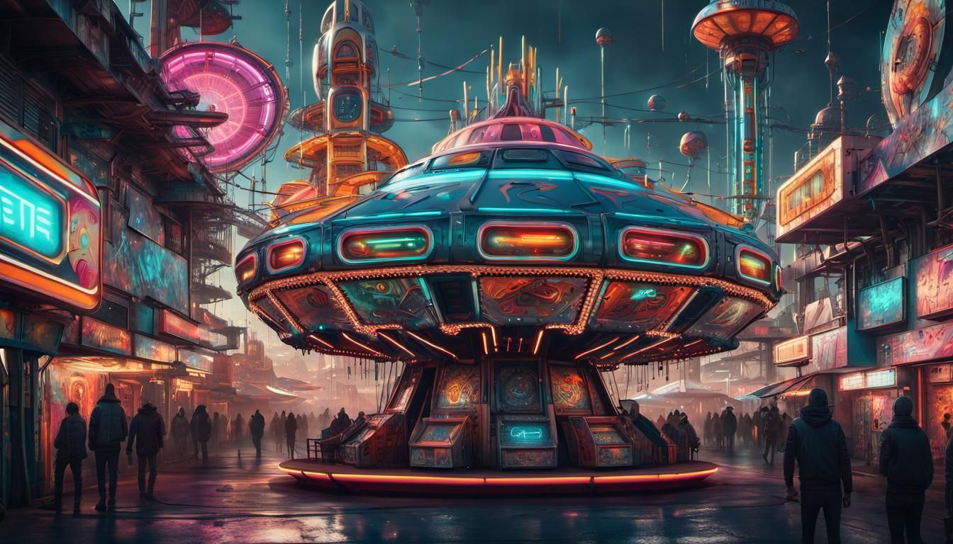 Futuristic Cyberpunk Funfair with Spaceships and Graffiti