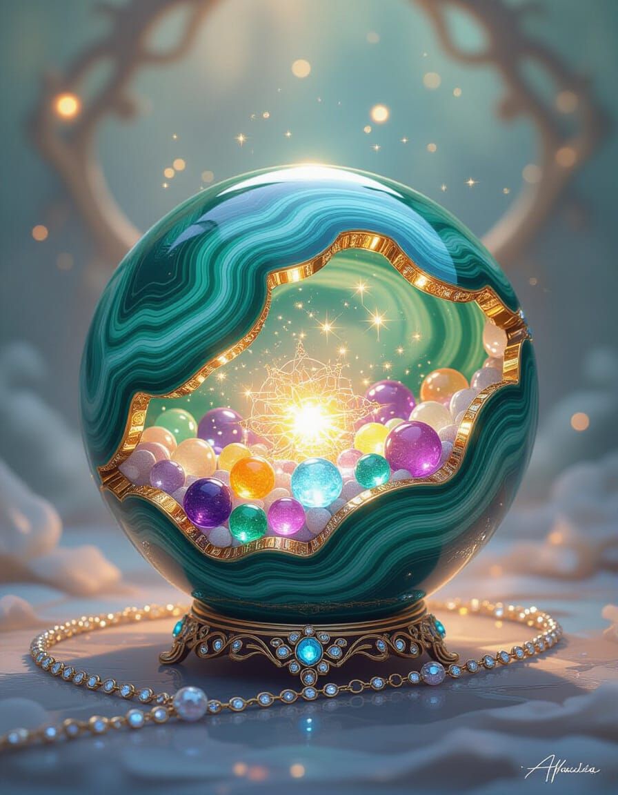 Malachite Sphere with Luminescent Lights and Jewelry in Fant...