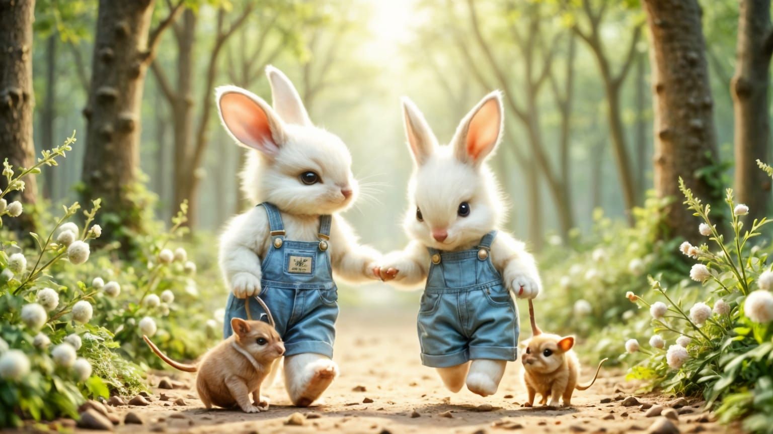 Cute Bunnies Walk Baby Mice in Woodland