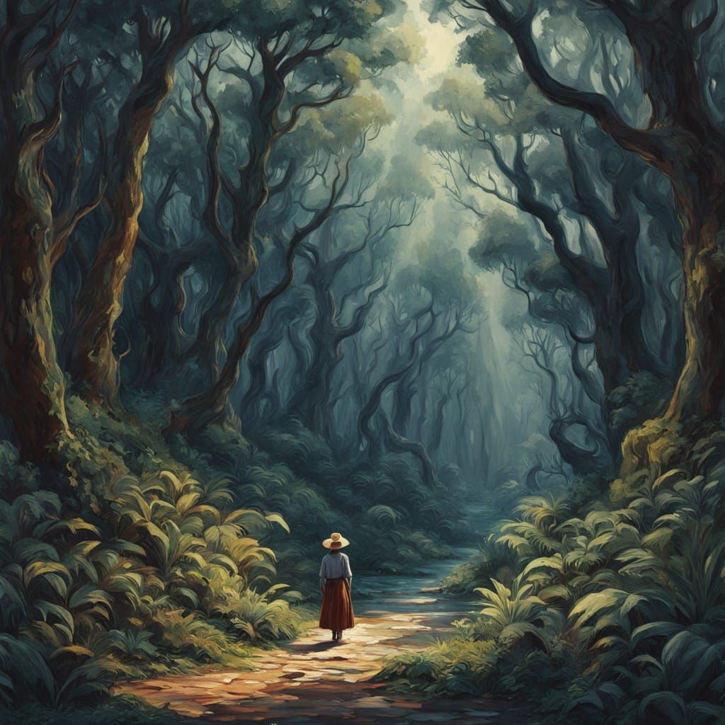 Baroque Woman in Forest, Dark Fantasy Gouache Style