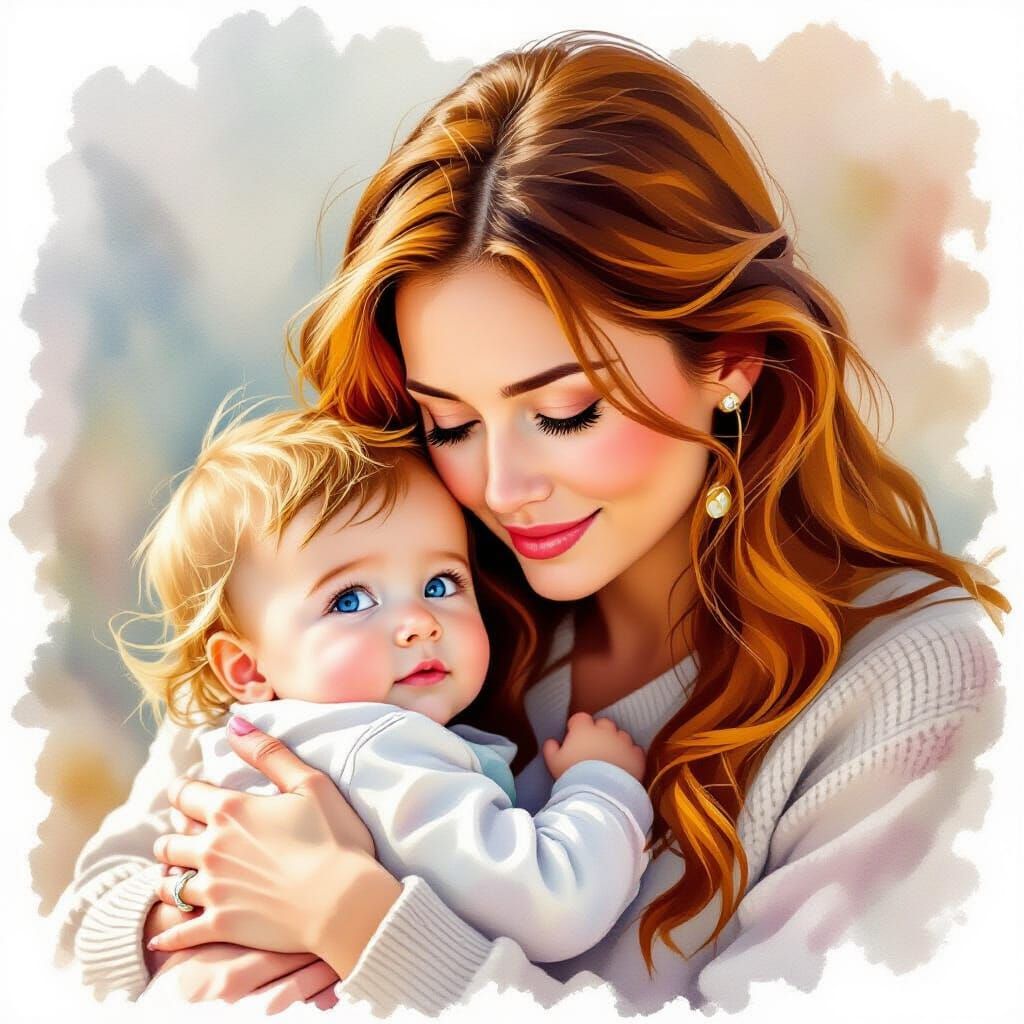 Heartwarming Mother and Child Portrait in Watercolor