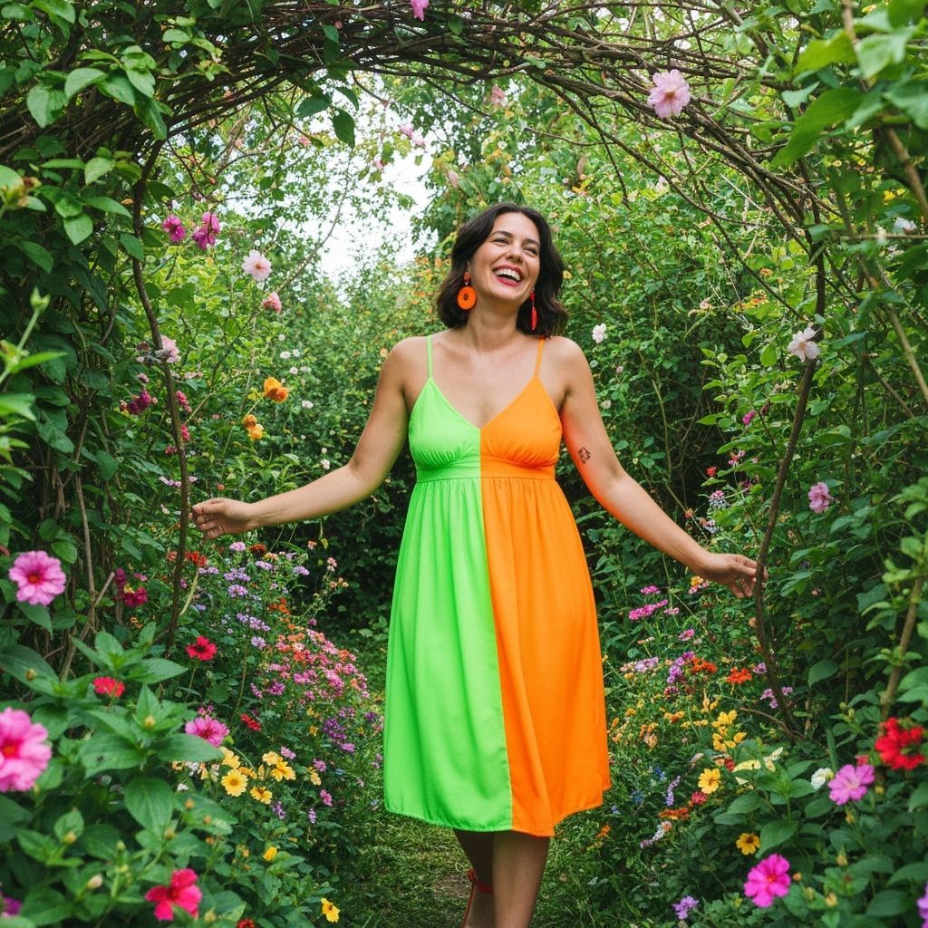 Woman in Neon Dress Surrounded by Lush Greenery