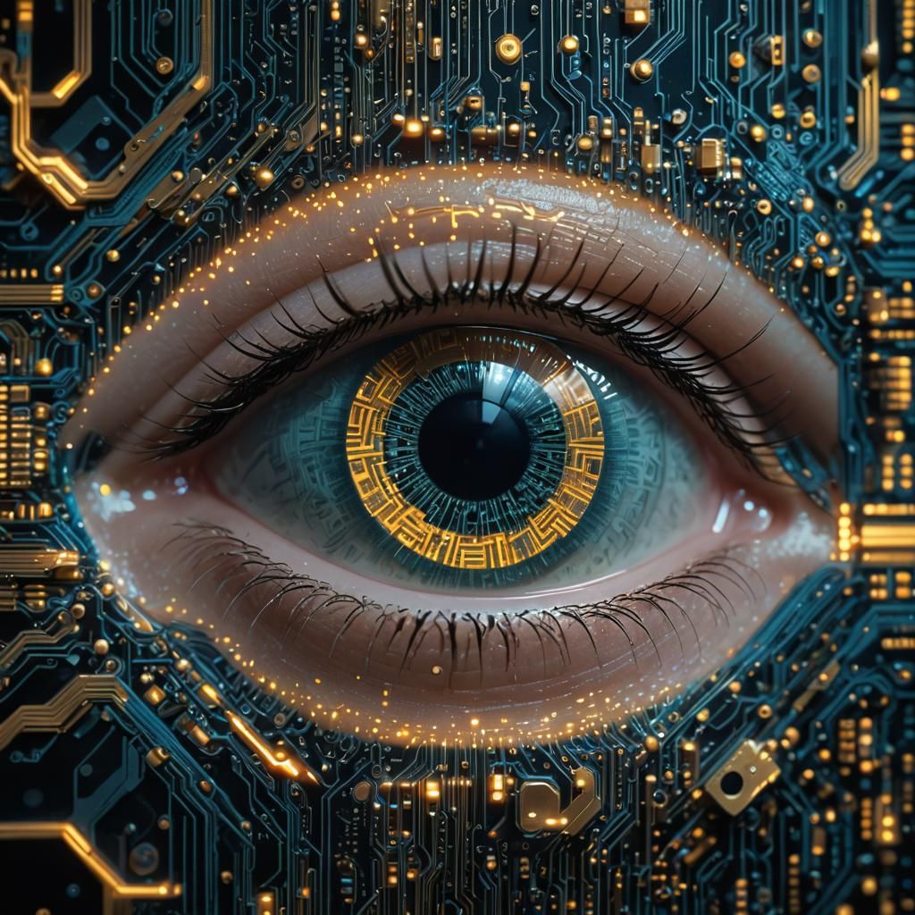 Human Eye with Circuit Board Iris in Digital Matrix