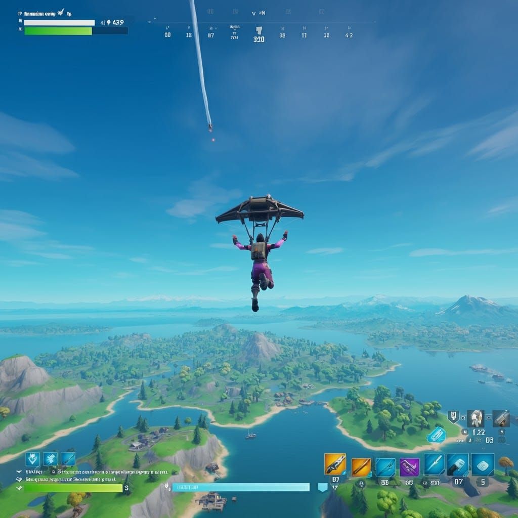 Snapshot from "Fortnite Battle Royale". The scene is high ab...