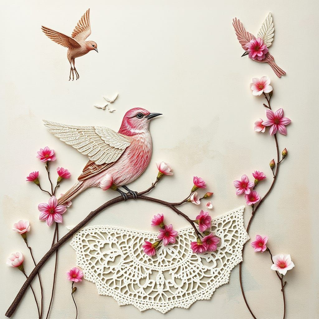 Dreamy Lace Birds Collage Art