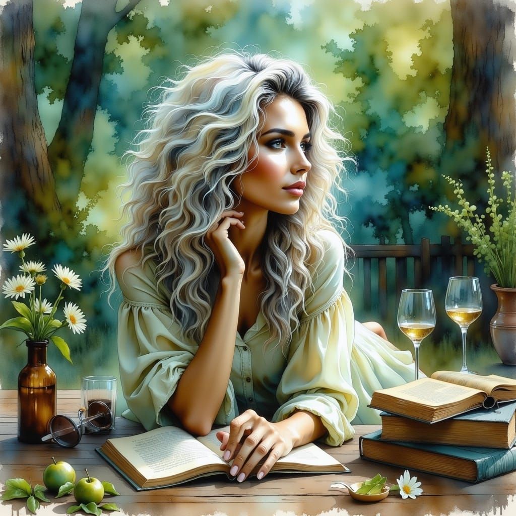 Elderly Woman in Watercolor Painting Style