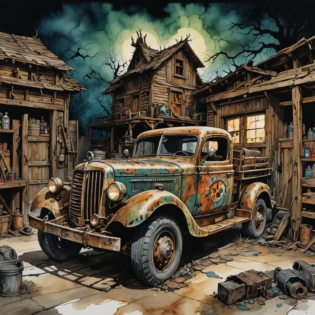 Haunted Aztec Ghost in Auto Garage, Alcohol Ink