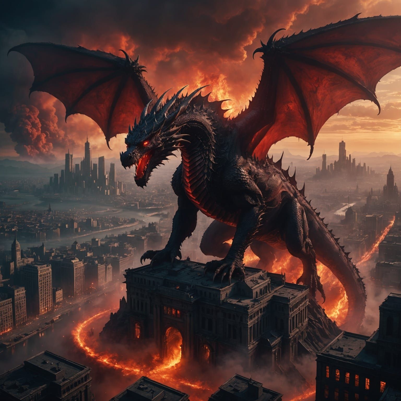 Epic Shadow Dragon Over Burning City