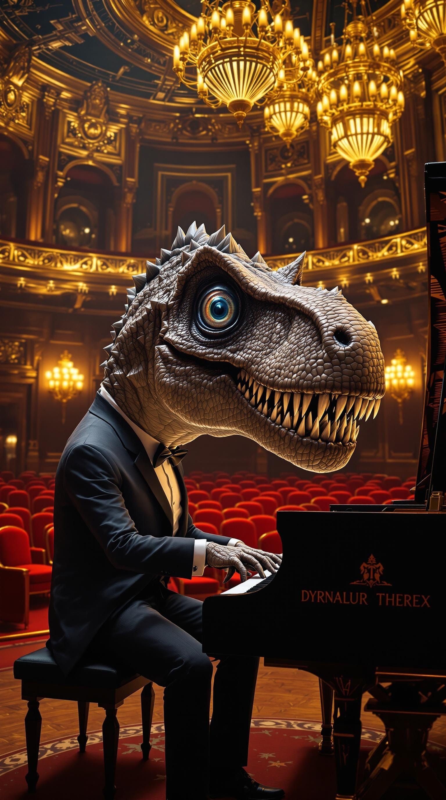 T-Rex Plays Piano in Opulent Concert Hall